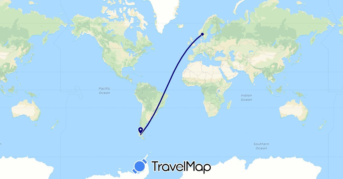 TravelMap itinerary: driving in Argentina, Norway (Europe, South America)